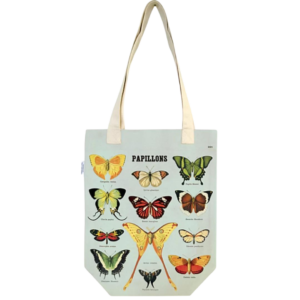 canvas tote bag printed with various butterfly illustrations